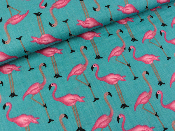 Baumwoll-Viskose Print Flamingos pink auf Türkis