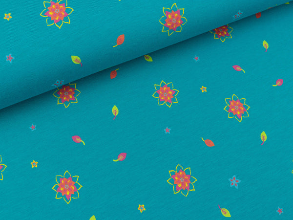 Baumwolljersey Little Flowers bunt auf Türkis