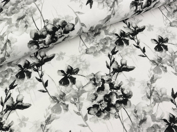 Baumwolljersey Jonne Orchideen schwarz auf Hellgrau