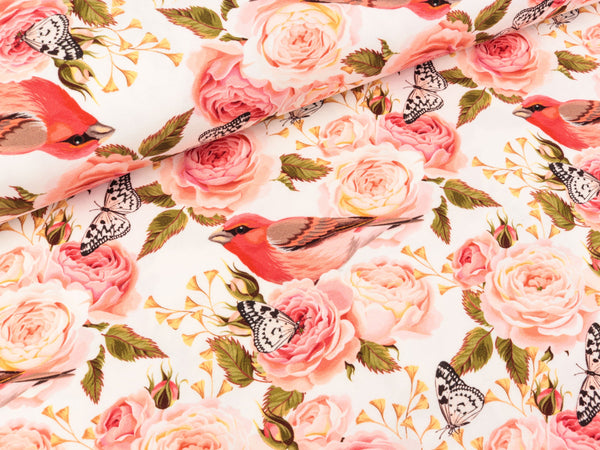 Baumwolljersey Jonne Rosen mit Schmetterlingen und Vögeln bunt auf Weiß