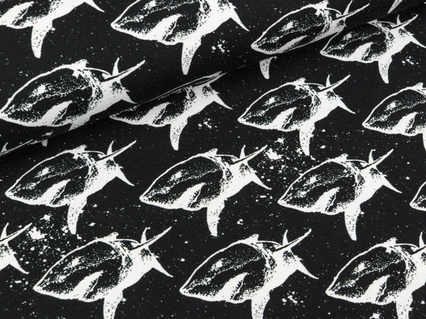 Baumwolljersey Luke Haifische weiß auf Schwarz