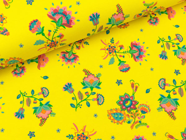 Baumwolljersey Flowers bunt auf Gelb