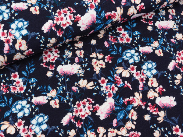 Baumwolljersey Matti Bartnelken bunt auf Tiefblau