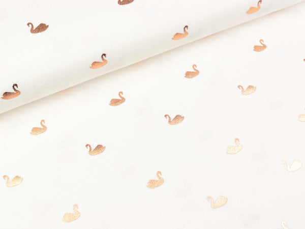 Baumwolljersey Folienprint Swans kupfer auf Weiß