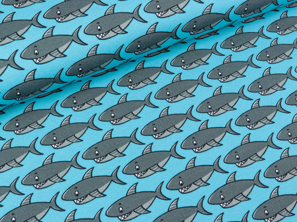Reststück 41cm - Steinbeck Maritimer Baumwolljersey Haifische grau auf Türkis