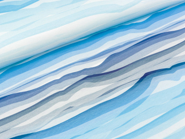 Reststück 25cm - Baumwolljersey Wavy Stripes blau-türkis-wasserblau-weiß-bunt by Lycklig Design