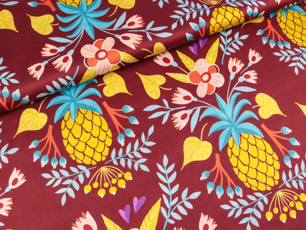 Reststück 66cm - Baumwoll-Satin Druck "At the Beach" Sweet Pineapple bordeaux by Hamburger Liebe