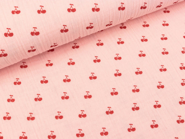 Baumwoll Double Gauze Cherry Pop Kirschen rot auf Rosa
