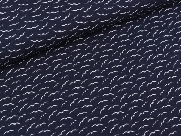 Viskose Krepp Palina Kleine Möwen weiß auf Marineblau