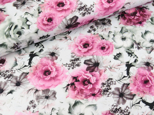 Reststück 62cm - Baumwolljersey Tim Rosenbeet beere auf Zartgrau