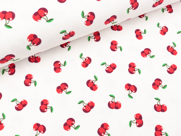 Baumwolljersey Cherry Pop  Kirschen rot auf Weiß