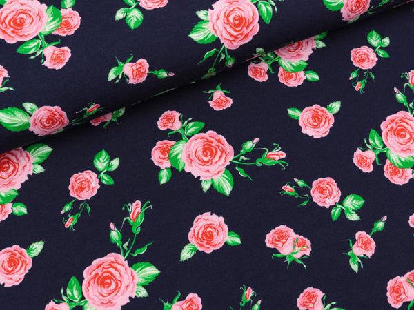 Baumwolljersey Matti Kleine Röschen auf Tiefblau