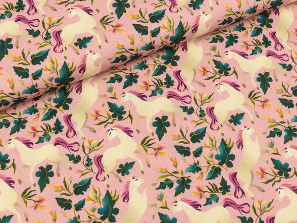 Baumwoll Webware Kim Einhörner bunt auf Rosa