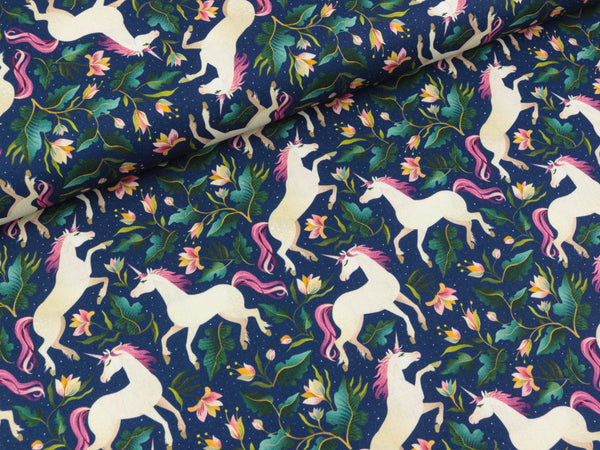 Baumwoll Webware Kim Einhörner bunt auf Dunkelblau