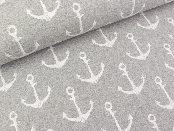 French Terry Big Anchor weiß auf grau meliert