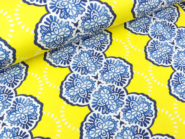 Reststück 57cm - Hamburger Liebe Baumwolljersey Weekender Adora giallino-bluette-blue navy-weiß