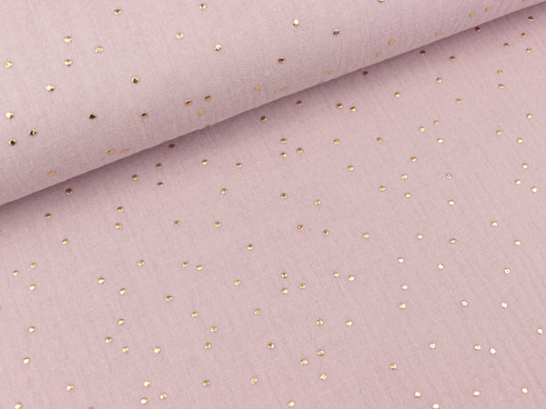 Baumwoll Double Gauze Punkte gold auf Oldrose