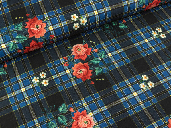 Reststück 70cm - French Terry Jette Blumen bunt auf dunkelblau kariert