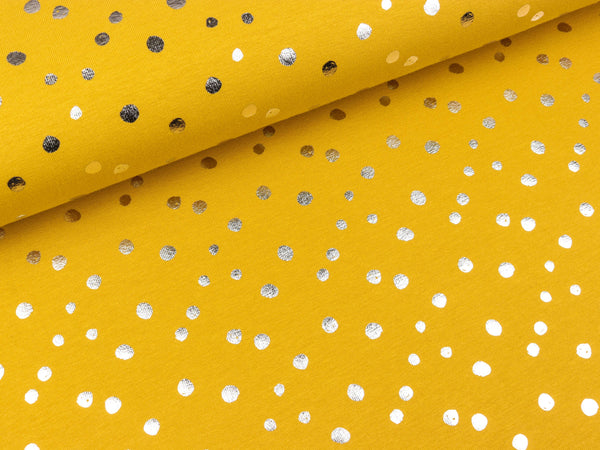 Baumwolljersey Folienprint Dots silber auf Senfgelb