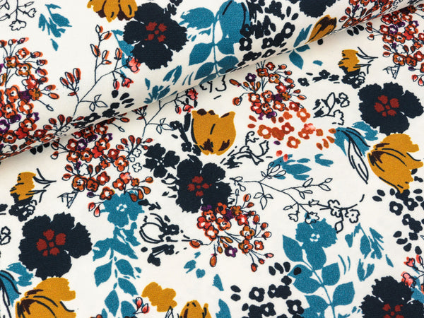 French Terry Jette Herbstblumen bunt auf Weiß