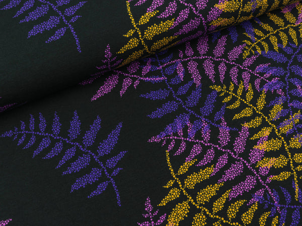 Reststück 82cm - French Terry Lots of Dots Farnblätter senfgelb-lila auf Schwarz by Lycklig Design