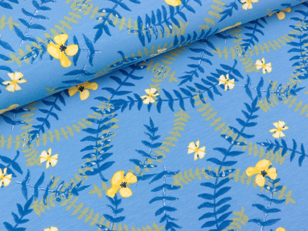 Baumwolljersey Blumen und Zweige bunt auf Rauchblau