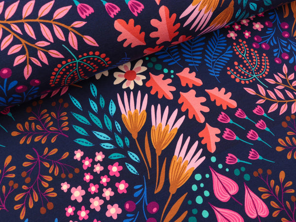 Reststück 43cm - Hamburger Liebe Baumwolljersey Bliss Flower Fields blue navy