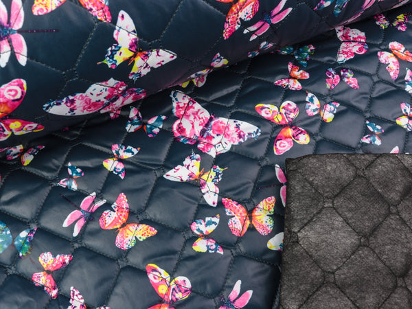 Reststück 29cm - Steppstoff Bunte Schmetterlinge auf Tiefblau