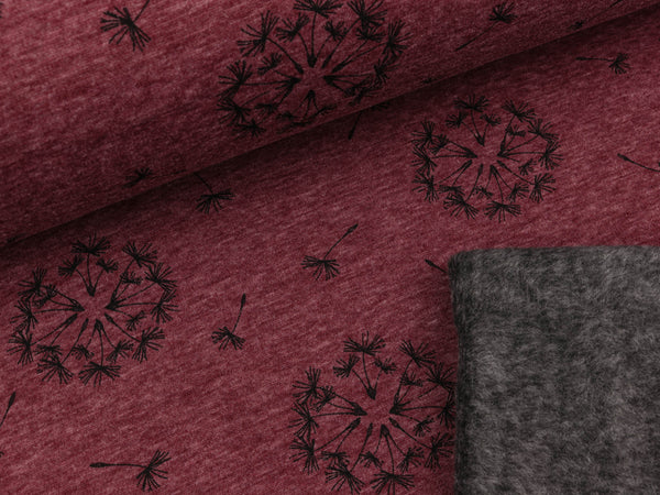 Reststück 37cm - Alpenfleece Eiger Pusteblumen schwarz auf bordeaux meliert