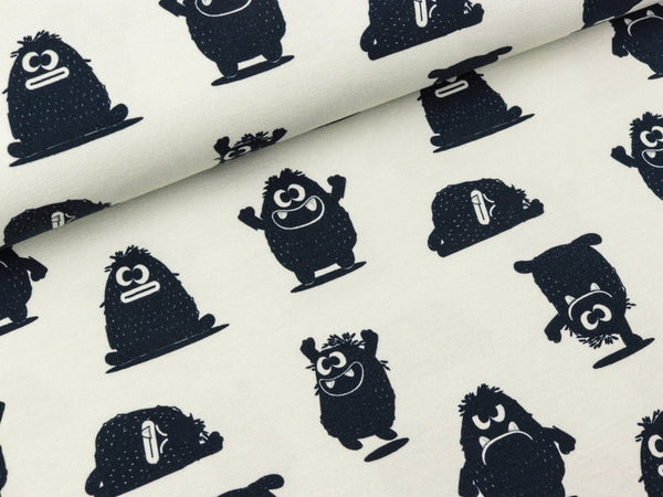 Baumwolljersey Theo Kleine Monster nachtblau auf Hellgrau