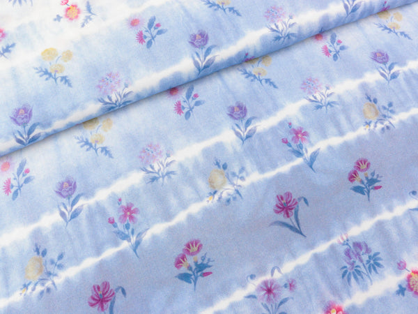 Reststück 15cm - Viskosestoff Mila Blumen in Batikoptik bunt-wasserblau