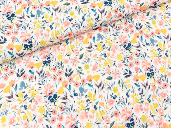 Viskosestoff Mila Blümchen apricot-bunt auf Ecru