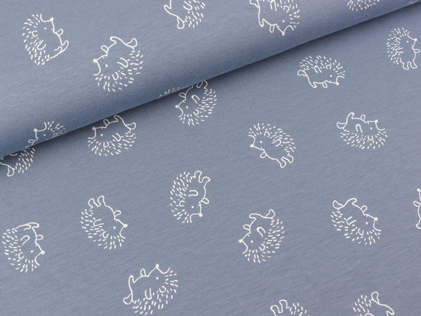 Baumwolljersey Kleine Igel weiß auf Dusty blue