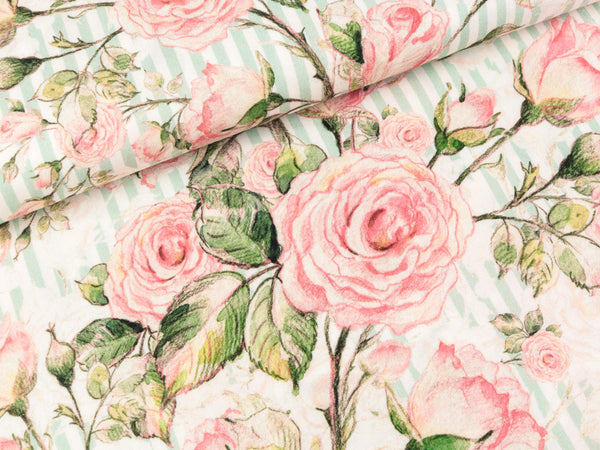Reststück 29cm - Viskosestoff Genf Rosenmuster auf mint-weiß gestreift