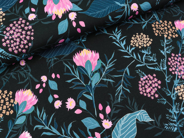 Reststück 15cm - Baumwolljersey Jesse Blumenzauber bunt auf Schwarz