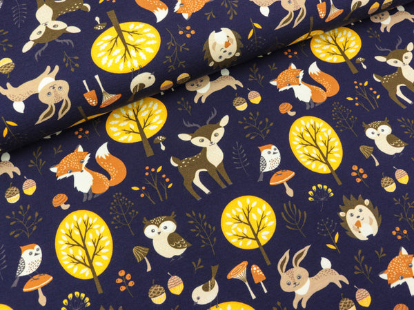 Baumwolljersey Matti Waldtiere bunt auf Dunkelblau