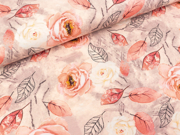 Reststück 92cm - Baumwolljersey Jonne Rosen lachsrosa auf Apricot