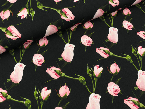 Baumwolljersey Theo Rosenmuster auf Schwarz
