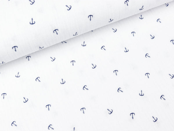Baumwoll Double Gauze Jeron Kleine Anker dunkelblau auf Weiß