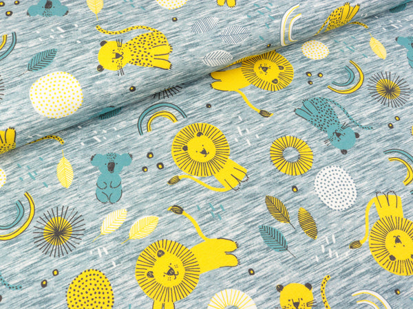 Baumwolljersey Little King and Friends auf rauchblau meliert