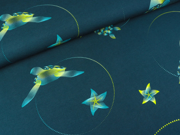 Reststück 58cm - Modalsweat Lines & Dots Meeresschildkröten auf Petrol by Lycklig Design