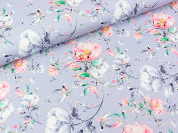 Baumwolljersey Matti Wildrosen bunt auf Blaugrau