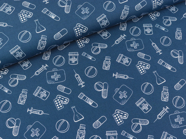 Baumwoll Webware Toni Medizinische Symbole weiß auf Jeansblau