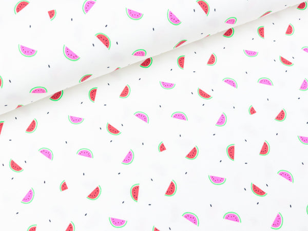 Baumwolljersey Neon Print Kleine Melonen auf Weiß