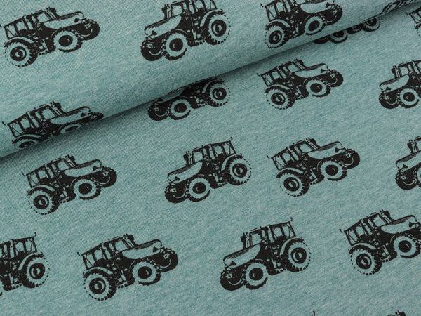 Baumwolljersey Fritz Traktoren schwarz auf oldmint meliert