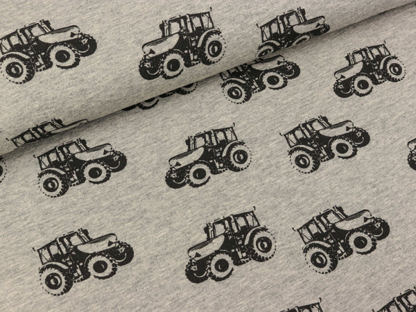 Baumwolljersey Fritz Traktoren schwarz auf grau meliert