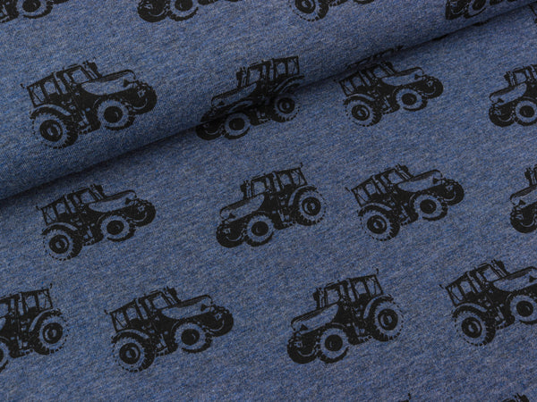 Baumwolljersey Fritz Traktoren schwarz auf jeansblau meliert