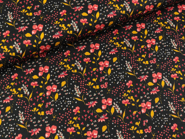 Baumwollpopeline Flower Blumenwiese bunt auf Schwarz