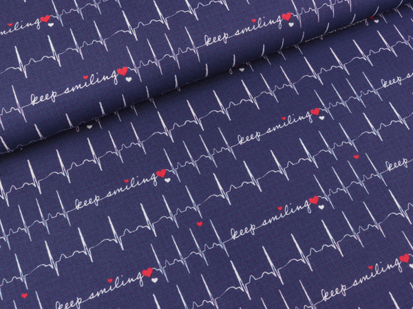 Baumwoll Webware Toni EKG Herzschlag dunkelblau