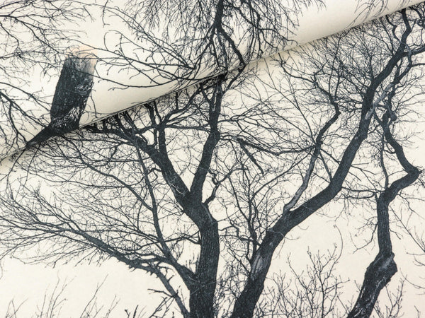 Reststück 44cm - Baumwollsweat Hannes Große Bäume nachtblau auf Ecru